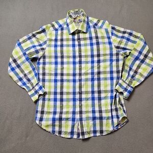 Robert Graham Plaid Flip Cuff Button Up Shirt Blue Green Paisley Trim